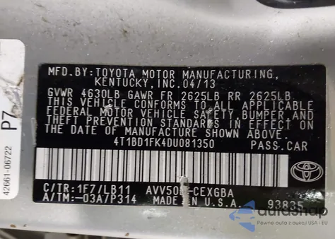 2013 Toyota Camry Hybrid Xle from USA, damaged, VIN 4T1BD1FK4DU081350